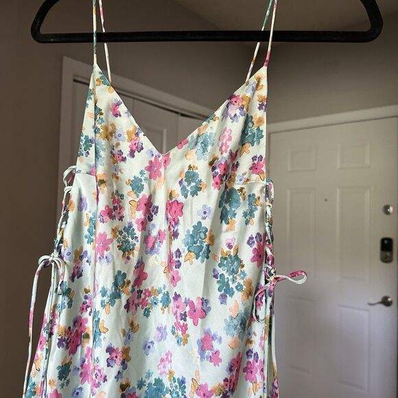 ZARA Romantic Floral Print Midi Side-Tie Satin Slip Dress XS Baby Blue - Picture 6 of 13